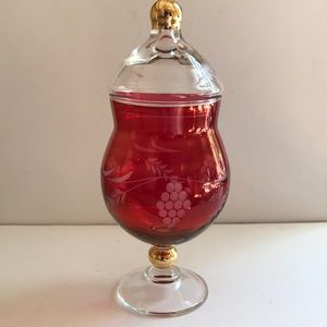 Vintage Ruby cut to clear glass with clear lid.